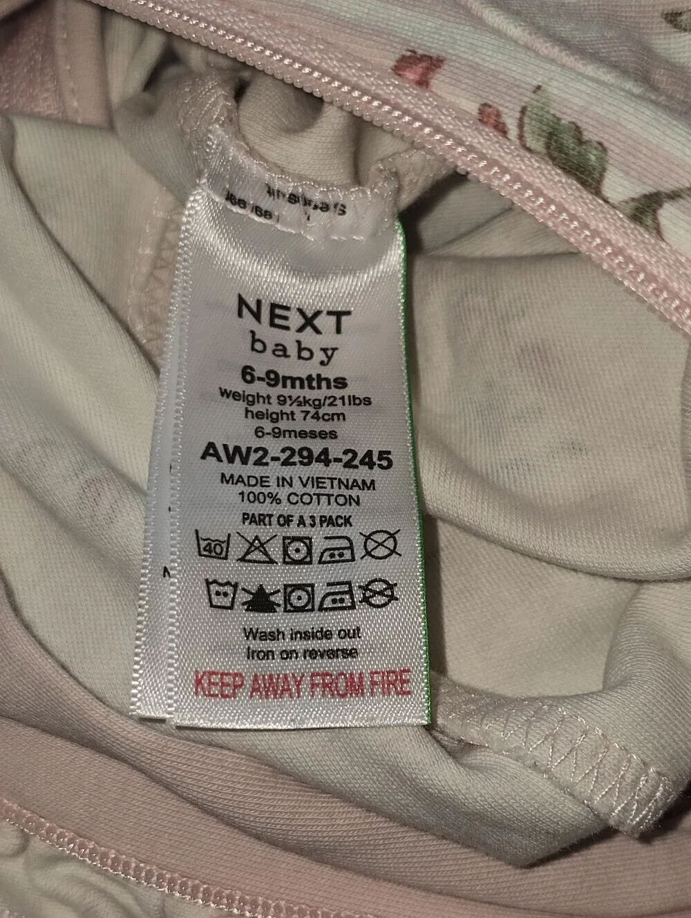 Next Baby Pink Floral Two Zip Sleep Suits 6-9 Mo, 2 Pack, Footed